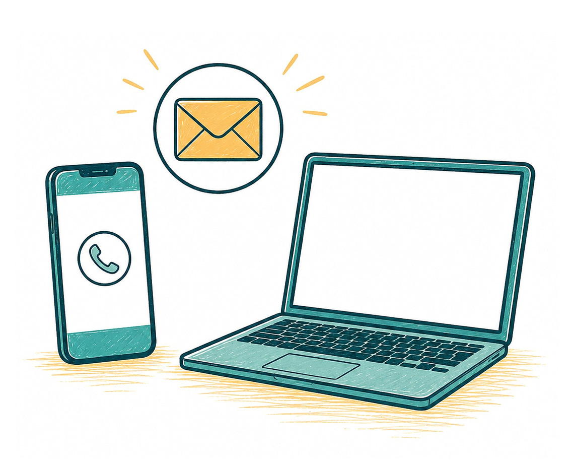 Laptop, email and phone for contacting Centered by the Sea Psychotherapy