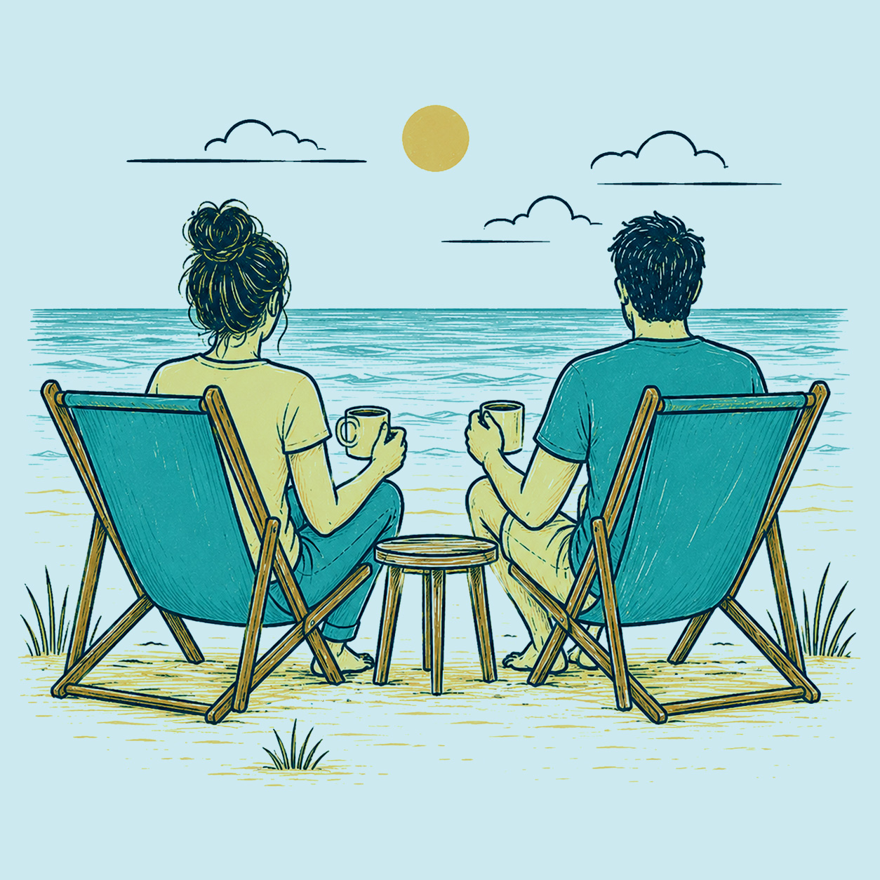 Couple on the beach having coffee after couples therapy in Long Beach, NY