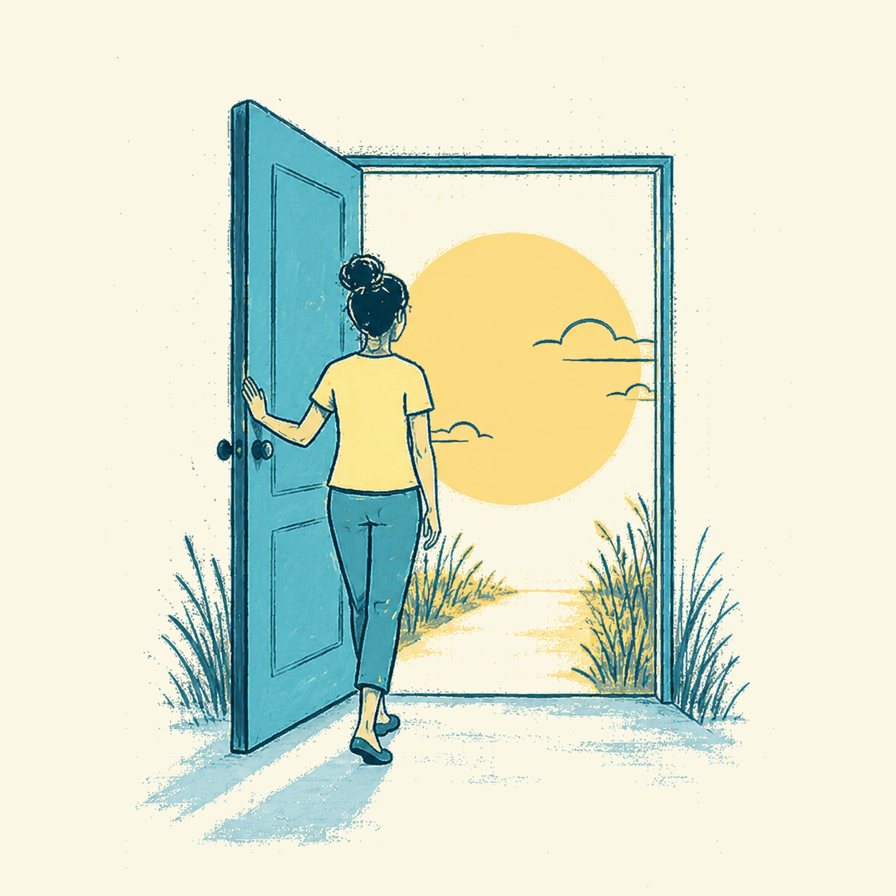 Woman walking out the door of a bad relationship