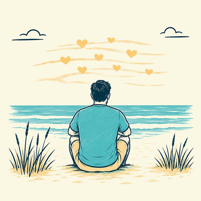 Young man sitting on the beach; Therapy for grief and loss in Long Beach