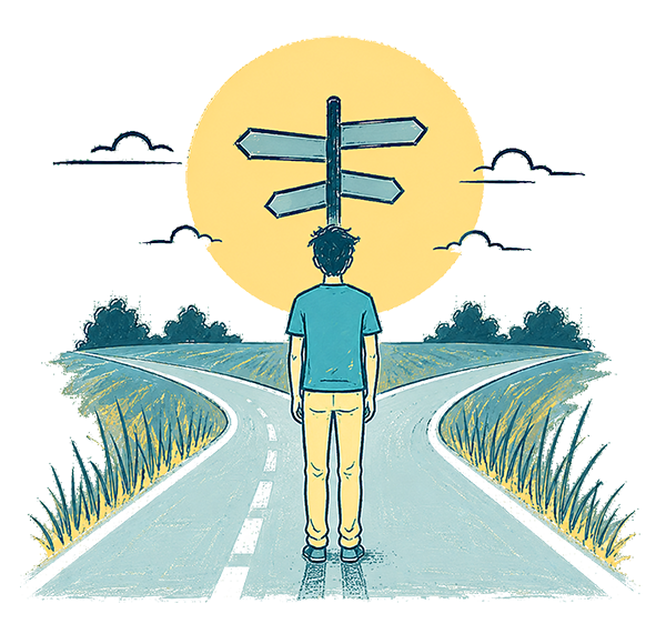 Man walking on a road in front of a crossroads; Therapy for Life Transitions