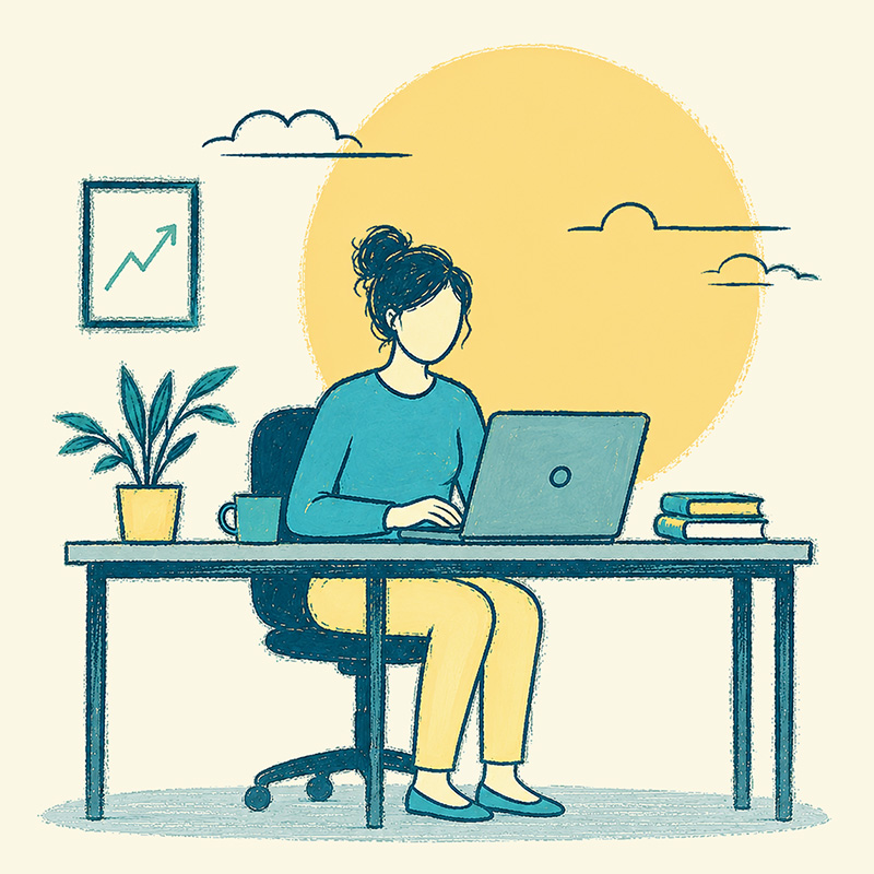 Woman at a desk with a computer and the sun behind here; Therapy for work and career