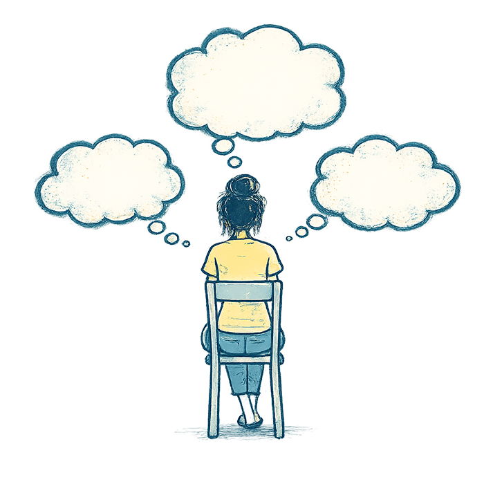 Woman sitting on a chair with thought bubbles