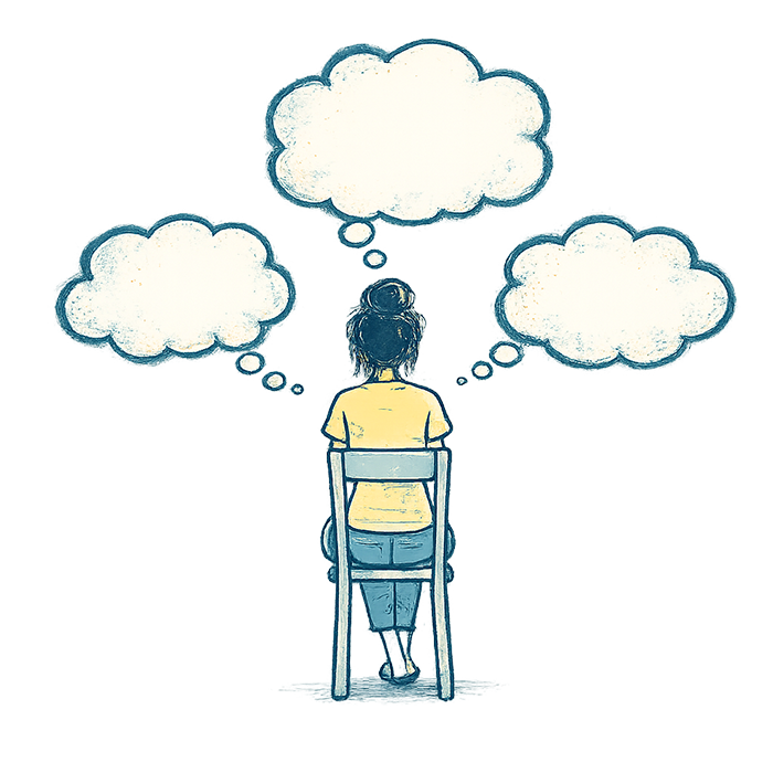 Woman sitting on a chair with thought bubbles
